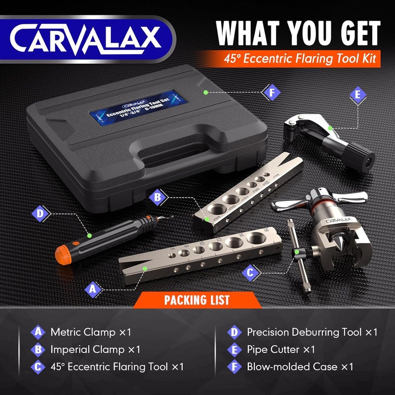 CARVALAX طقم تشكيل دقيق بزاوية 45° مع مشابك متريّة وإمبراطورية (2 مشبك) لماسورة 6-19 مم و 1/4"-3/4"، يتضمن قاطع، أداة إزالة الحواف وحقيبة صلبة لإصلاح أنظمة التكييف والتبريد - Image 2